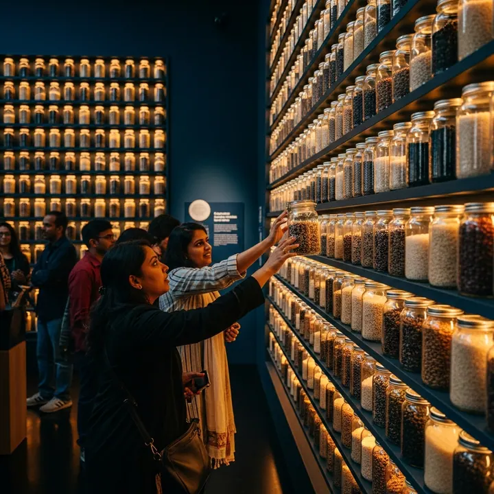 Visitors reaching for jars on a lit wall holding hundreds of rice varieties