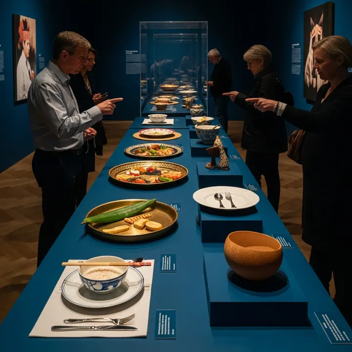 A long exhibition table laid with rice dishes and place settings from many countries