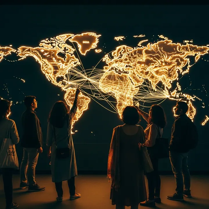 Visitors before a giant illuminated world map traced with glowing shipping routes