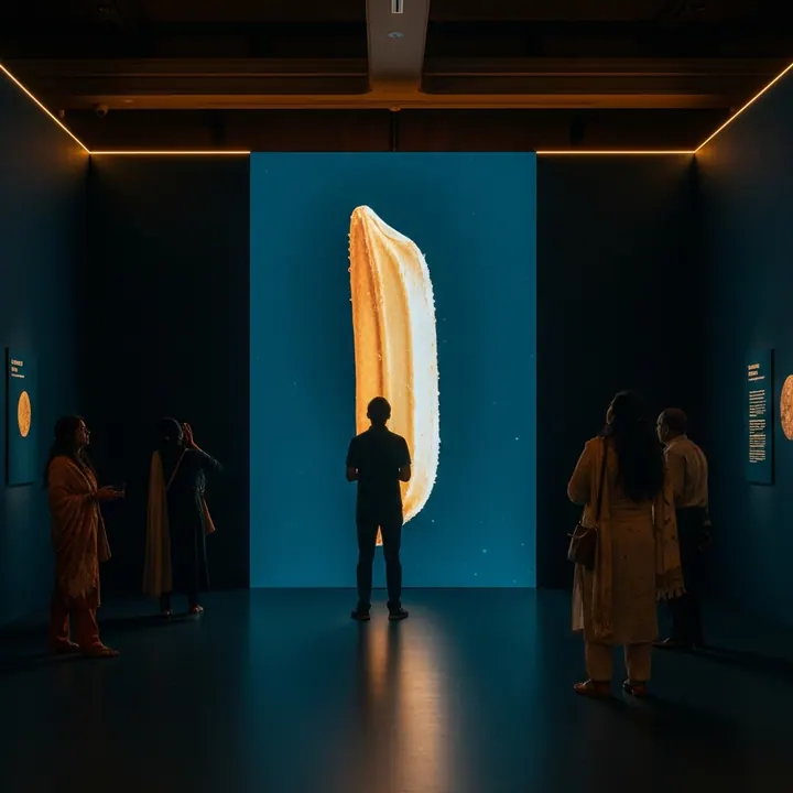 A single rice grain projected at wall scale while visitors look on
