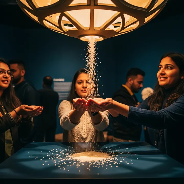 Visitors cupping their hands under a stream of falling rice grain