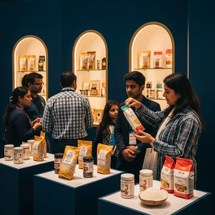Exhibition stands displaying packaged rice products, snacks and by-products